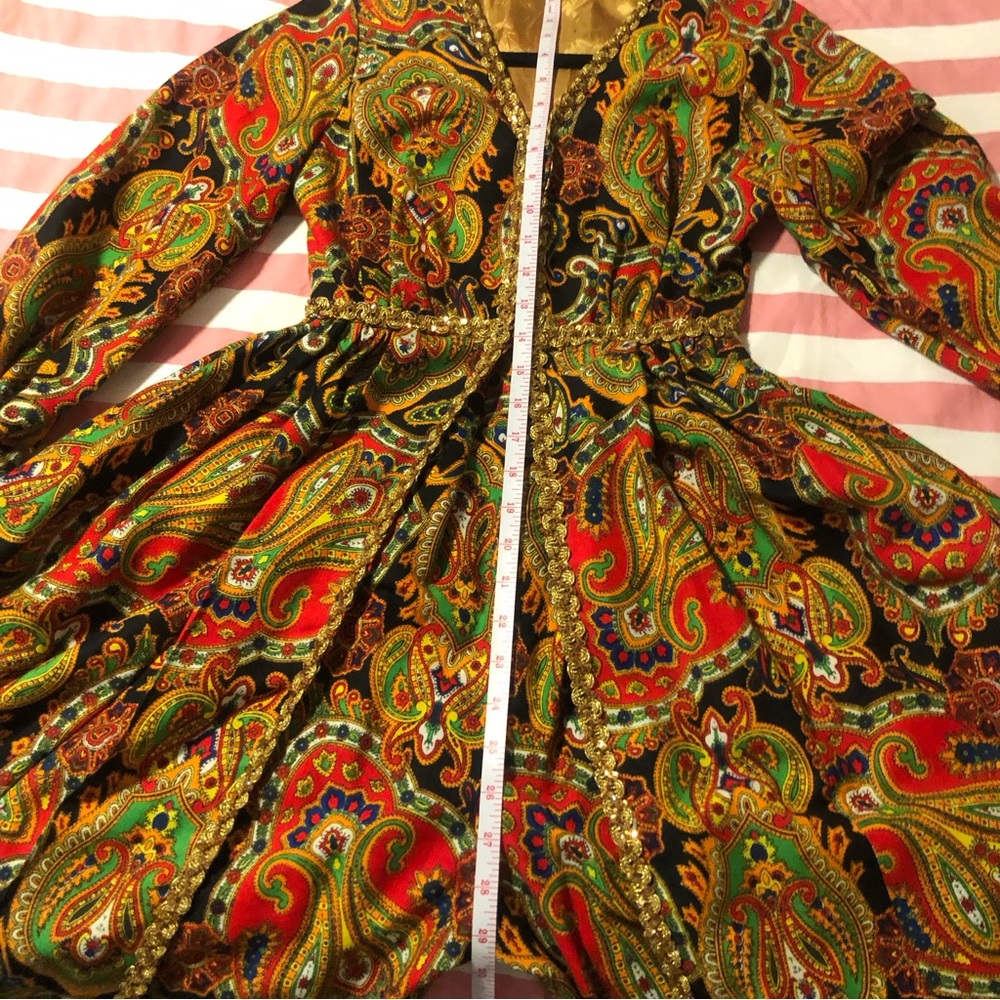 Vtg Jumpsuit 60s 70s Psychedelic Paisley Palazzo Leg Gold Rick Rack Trim S-XS - Picture 9 of 12